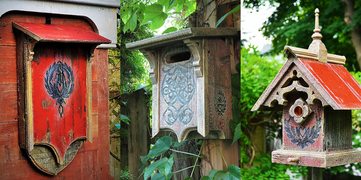 cathedral bat house, Victorian Bluebird birdhouse, and gothic birdhouse